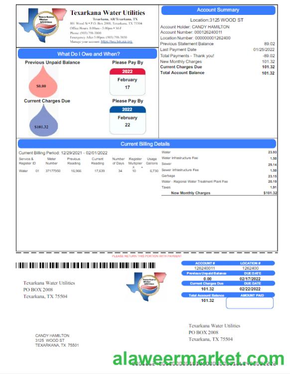 USA TEXARKANA WATER UTILITIES utility bill Word and PDF template